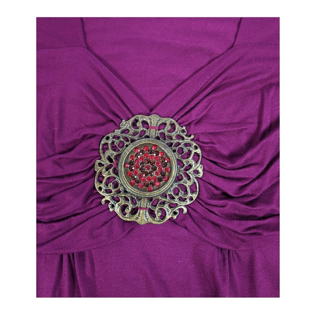 Vertigo Y2K ruched bodycon medallion Baby Doll stretch tunic top Sz M Purple - Picture 3 of 6